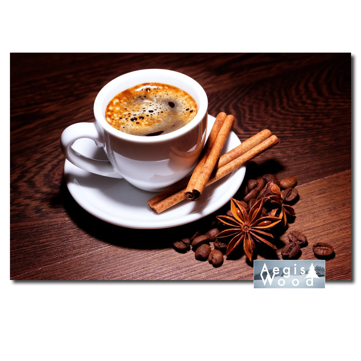 Affiche Tasse d'expresso, bâtons de cannelle, anis étoilé et grains de café, photographie sur bois