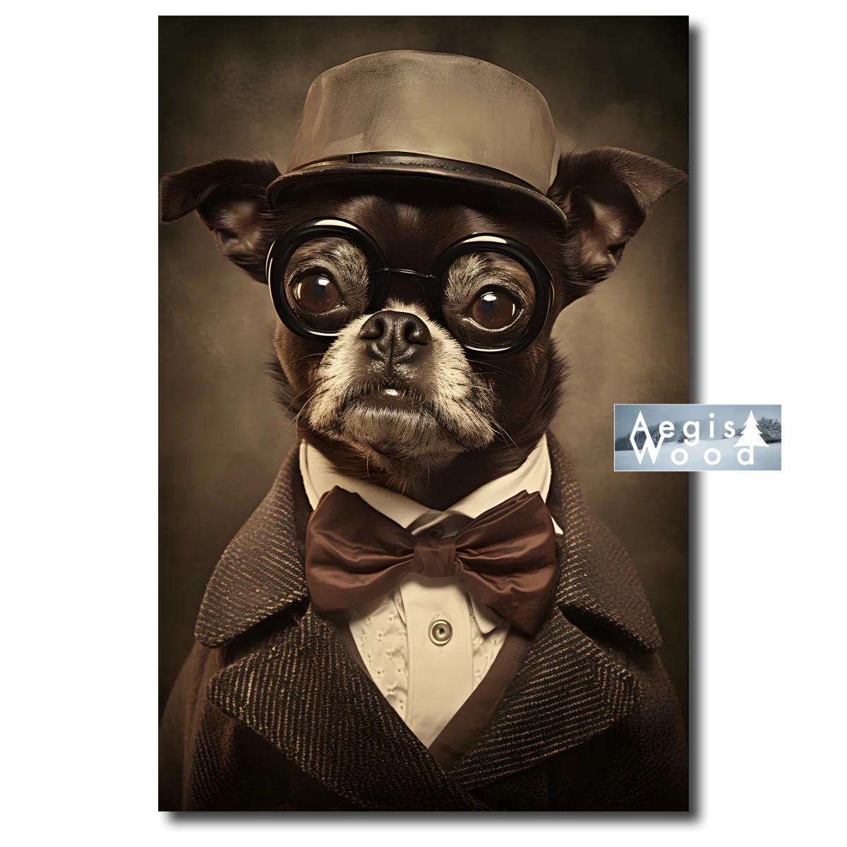 Affiche Chien en costume, chapeau, nœud papillon et lunettes rondes, portrait au style rétro sépia