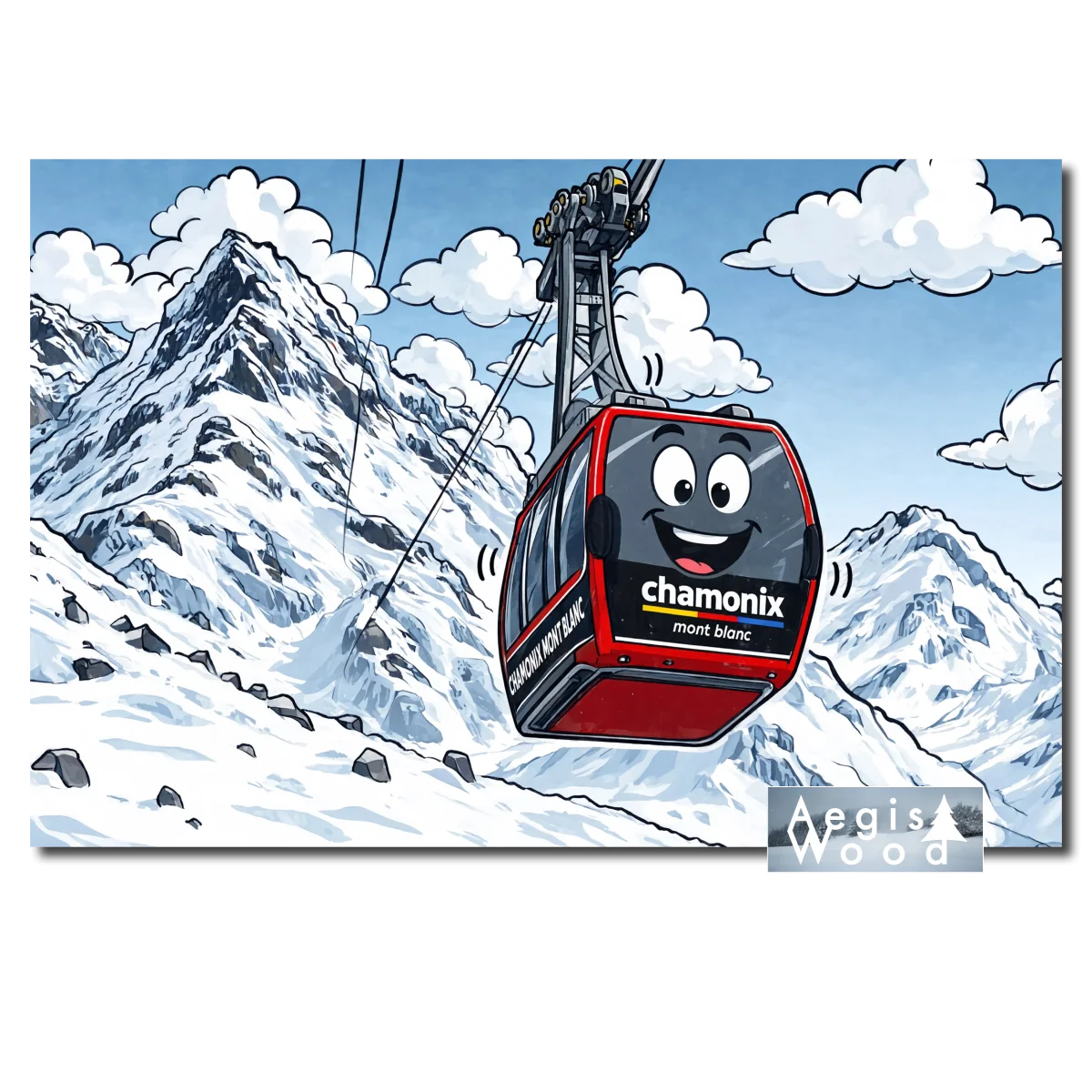 Affiche : Téléphérique souriant de Chamonix Mont-Blanc au-dessus des sommets enneigés, illustration