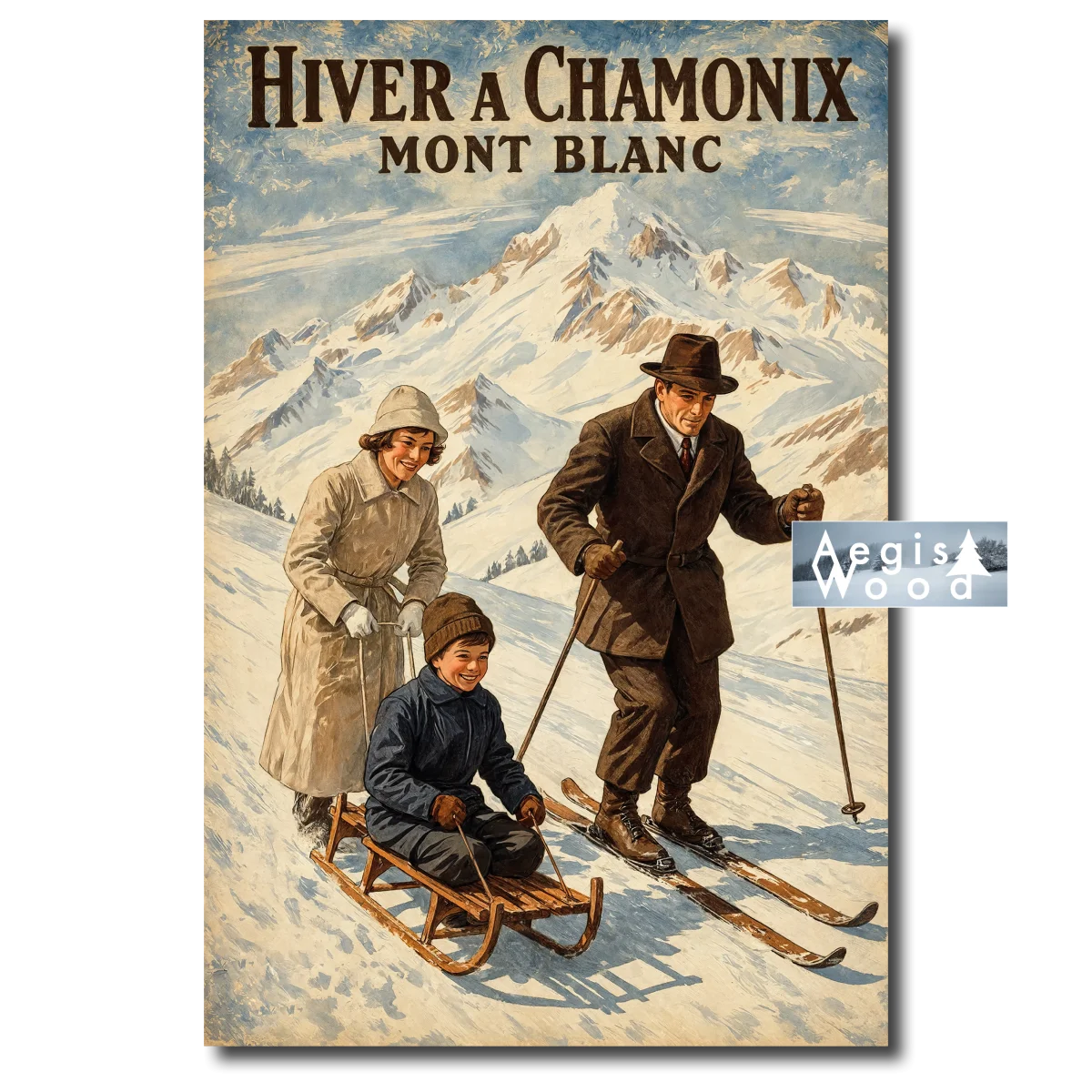 Affiche - Hiver à Chamonix Mont-Blanc, affiche de style rétro : famille en ski et luge dans la neige