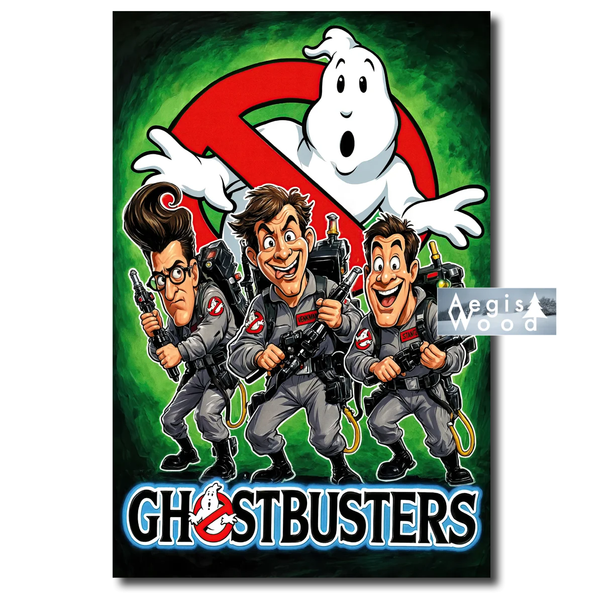 Affiche (reproduction) — Ghostbusters, caricature illustrée du film SOS Fantômes, 1984