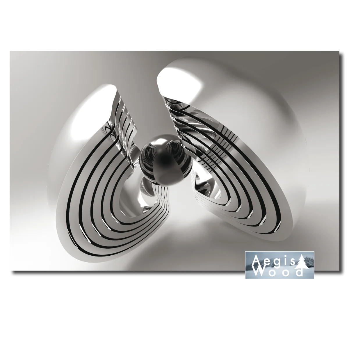 Affiche - Sculpture abstraite chromée aux courbes rayées noir et blanc, rendu 3D contemporain