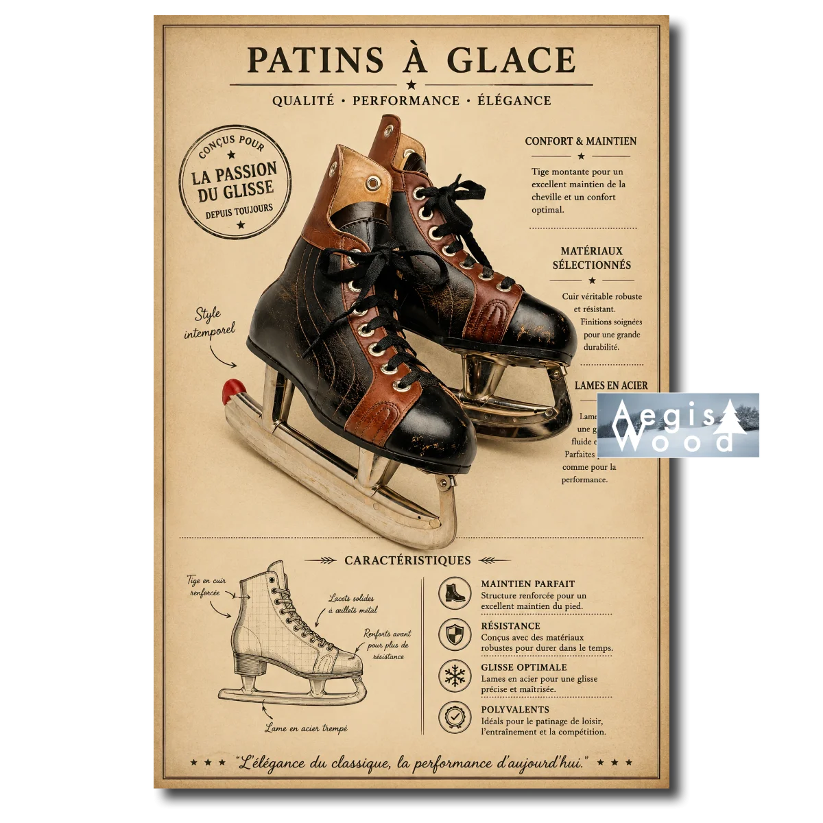 Affiche - Patins à glace en cuir, affiche décorative style vintage : confort, matériaux et lames