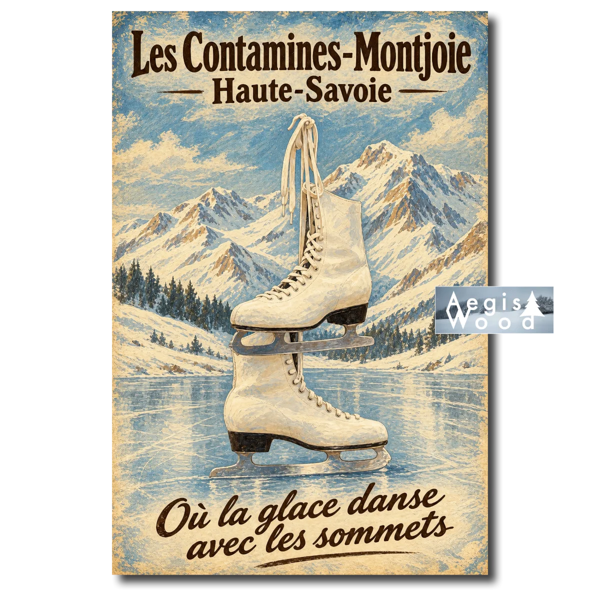Affiche style vintage patins à glace Les Contamines-Montjoie Haute-Savoie montagne