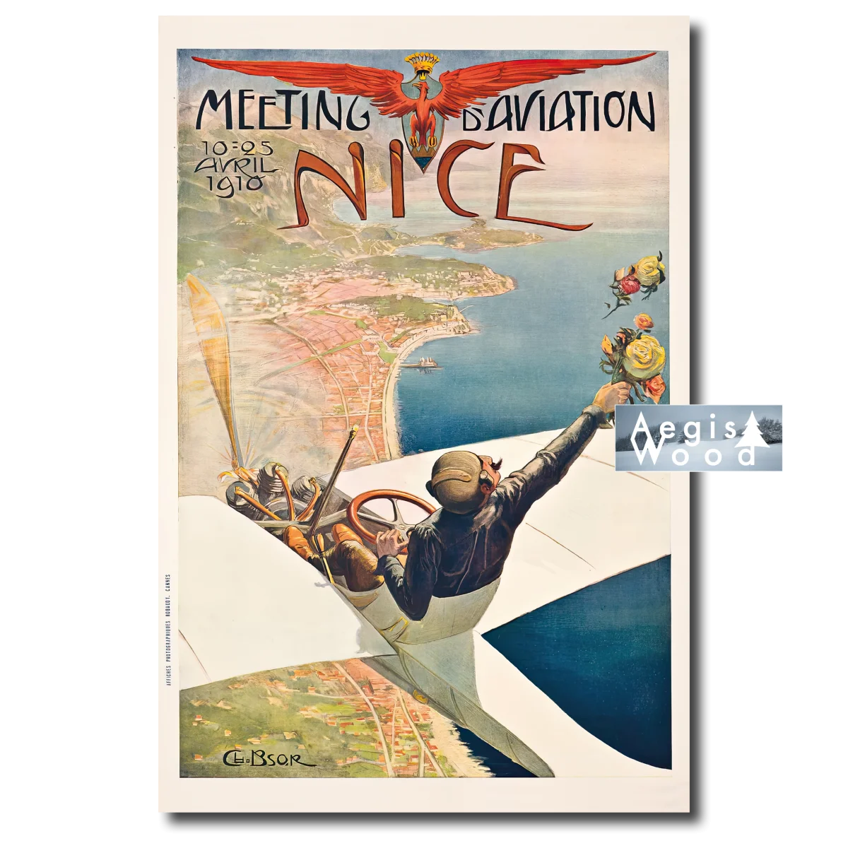 Affiche (reproduction) Meeting d'Aviation Nice 1910 Bsor Brossé aviateur roses Côte d'Azur