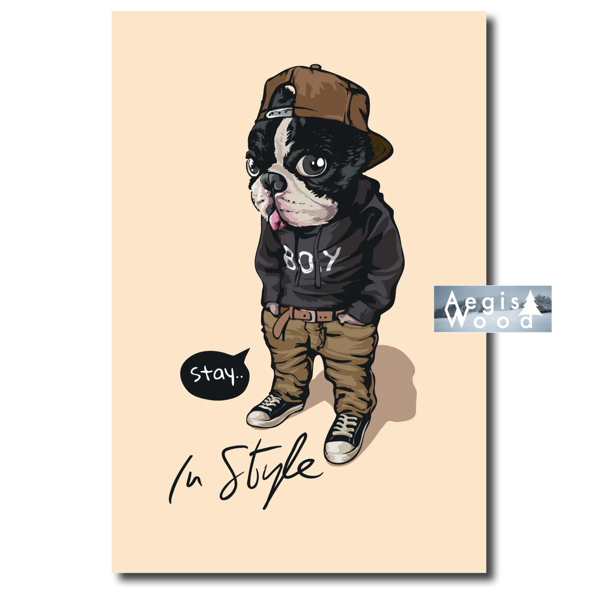 Affiche - Chien hipster en streetwear, hoodie et casquette — illustration « Stay in Style »