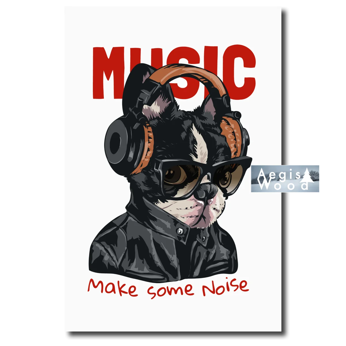 Affiche — chien au casque audio et lunettes, illustration « Music, Make Some Noise »Affiche déco con