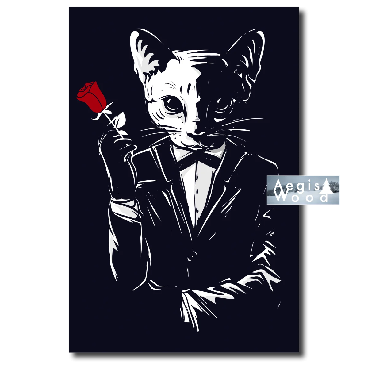 Affiche — chat gentleman en smoking tenant une rose rouge, noir et blanc graphique