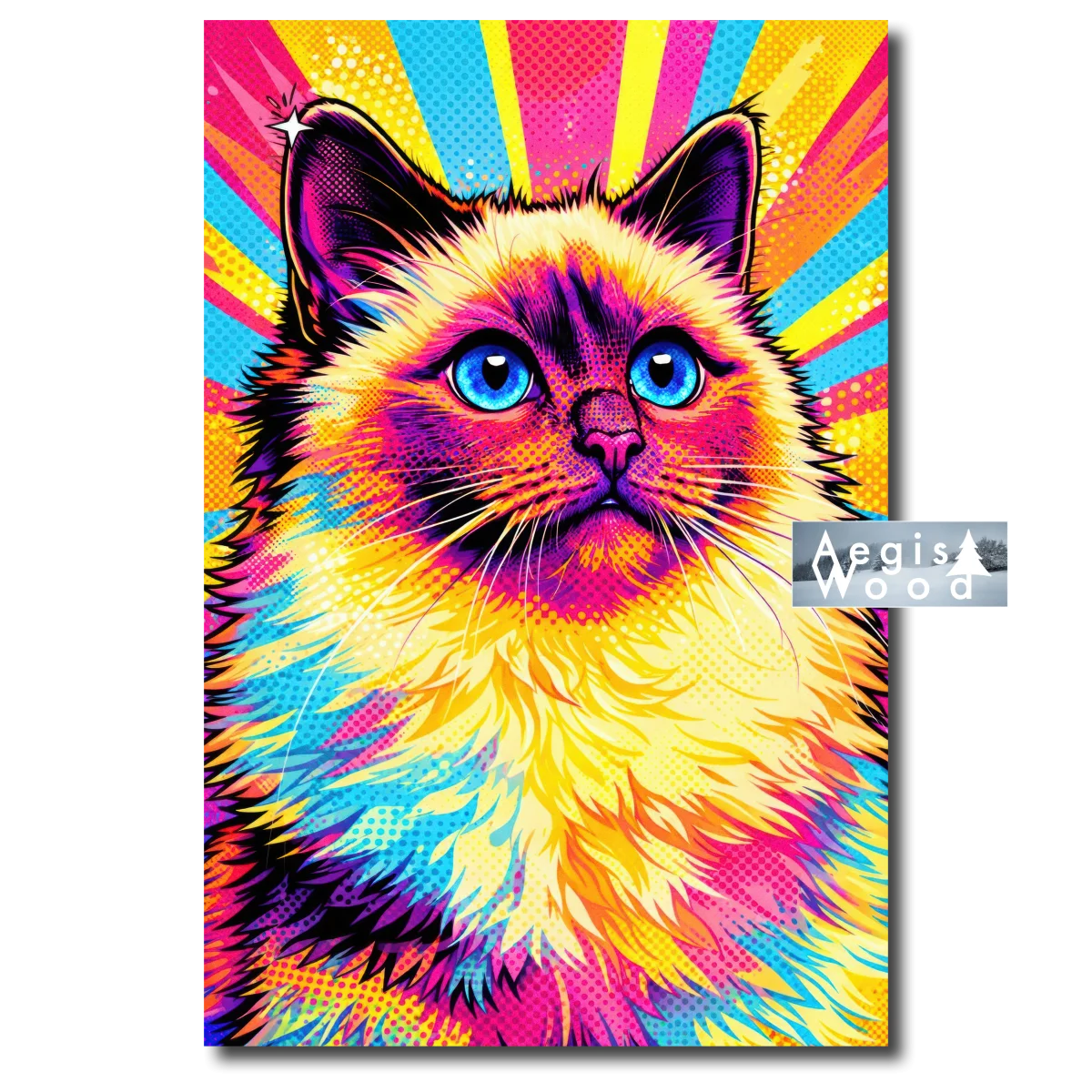 Affiche — chat aux yeux bleus en pop art, fond coloré à rayons et trames de points