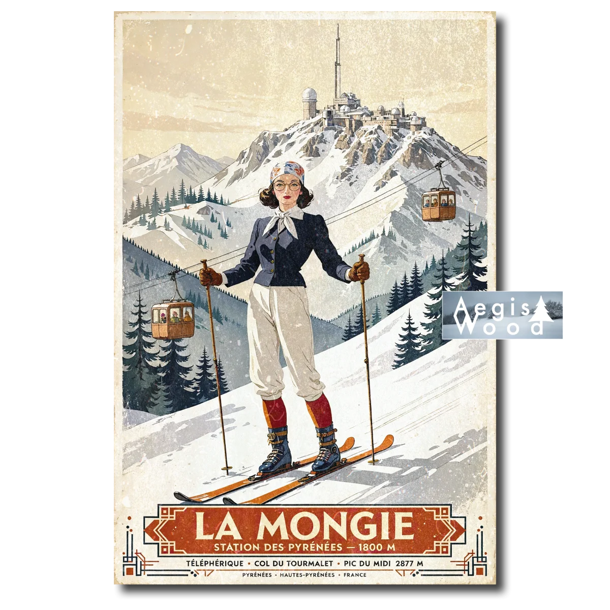 Affiche — skieuse rétro à La Mongie, station des Pyrénées, téléphérique et Pic du Midi