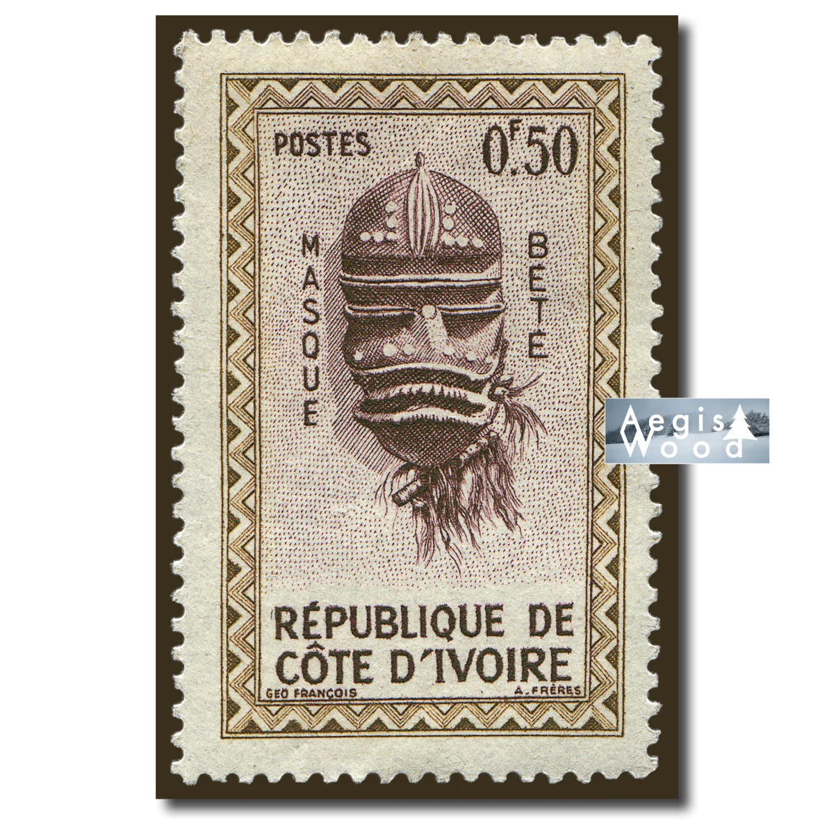 Affiche (reproduction) "POSTES 0.50 BÉTIE MASQUE" - RÉPUBLIQUE DE CÔTE D'IVOIRE, vers 1930