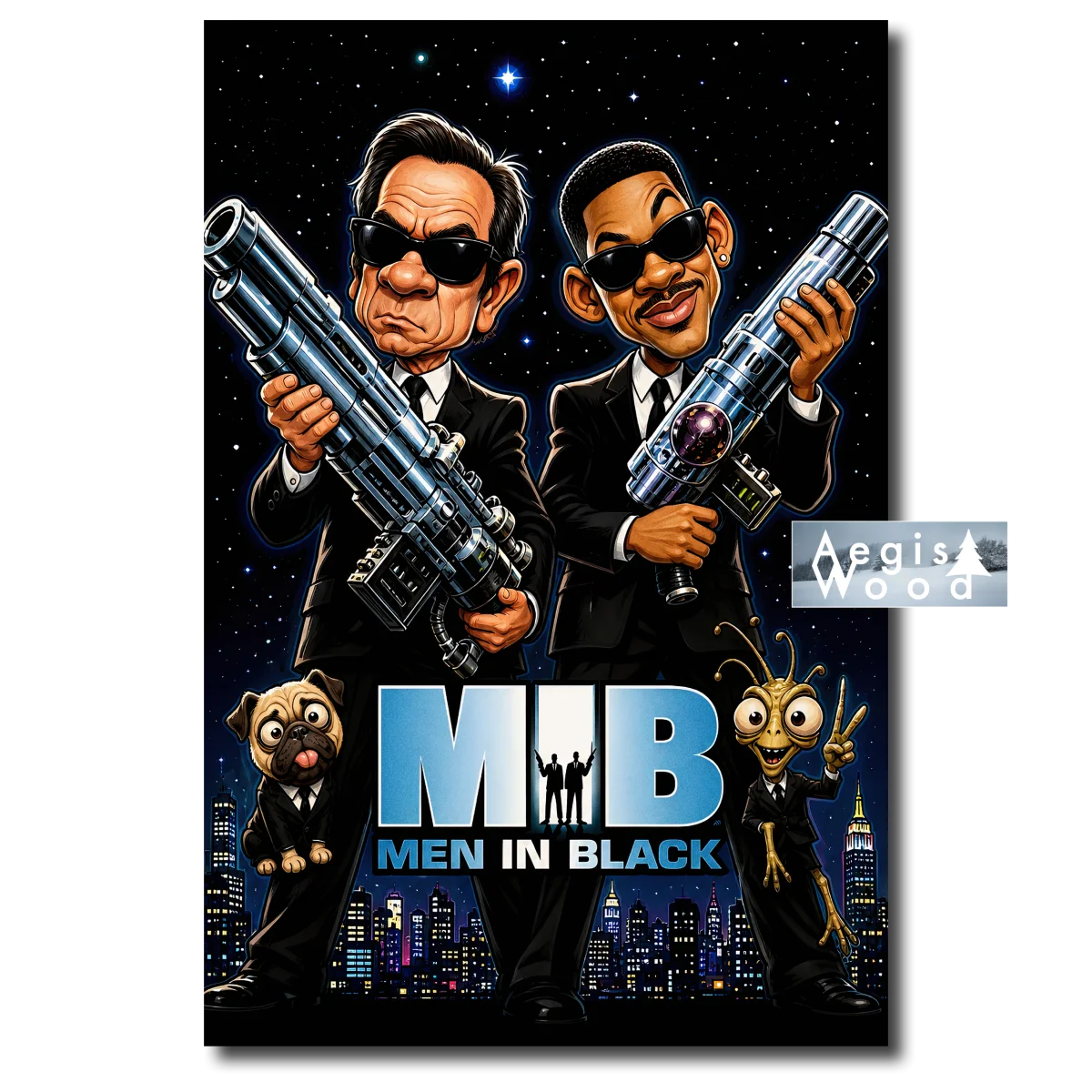 Affiche — caricature de deux agents en noir armés, façon comics 1997 Men in Black