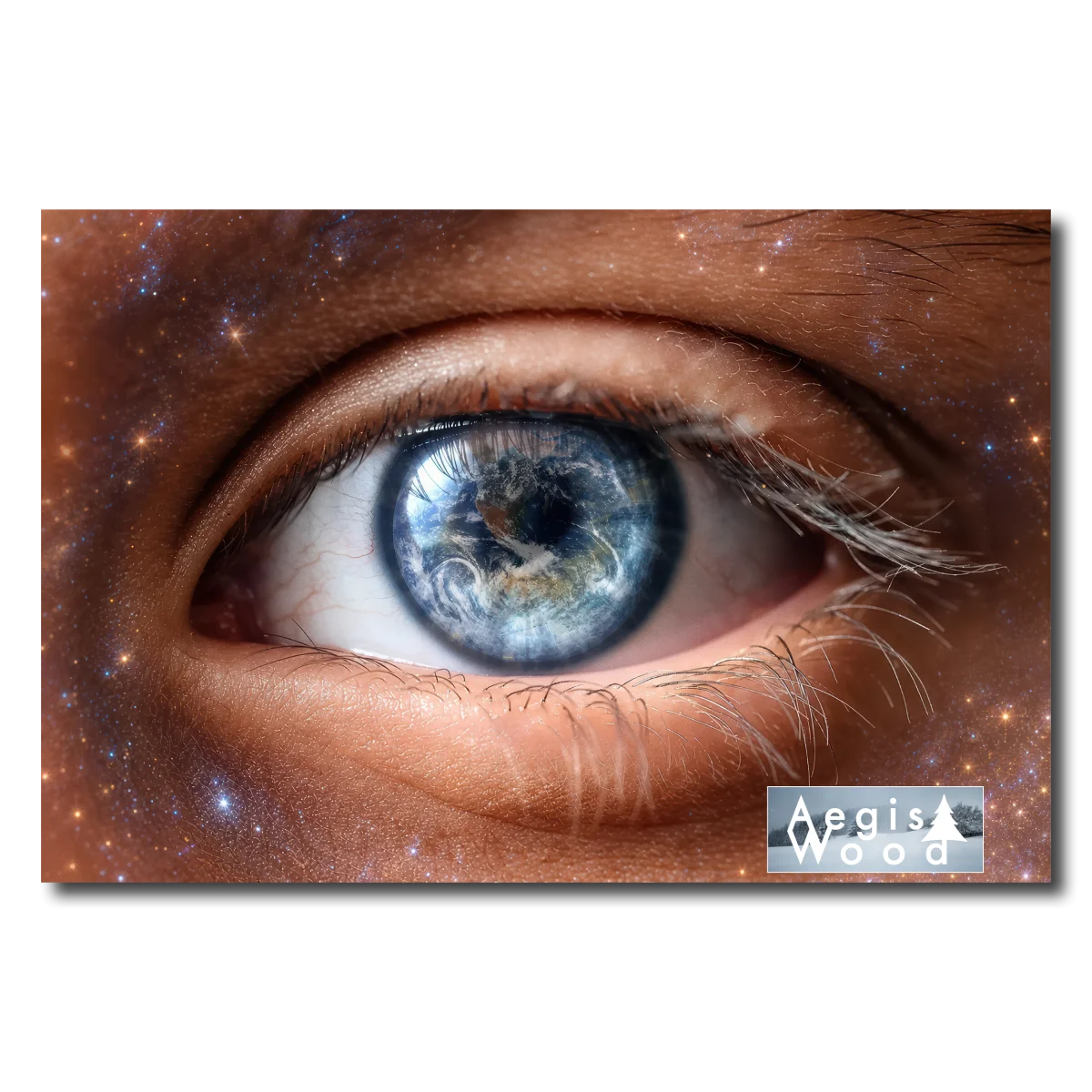 Affiche — œil humain reflétant la planète Terre, art surréaliste sur fond d'étoiles