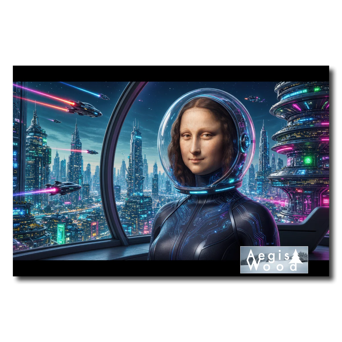 Affiche — portrait Renaissance revisité en cyberpunk, dans une cité futuriste - Mona Lisa La Joconde