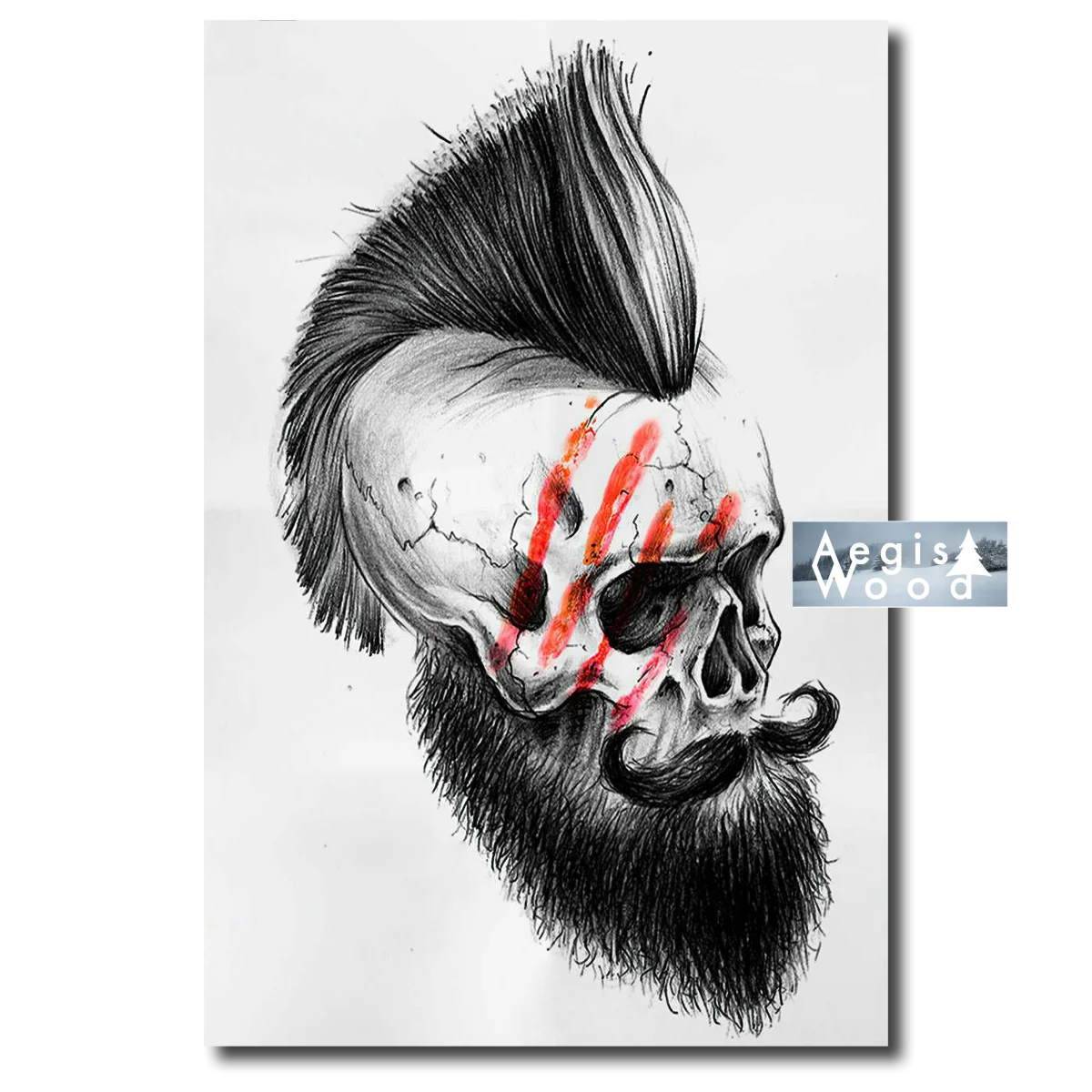 Affiche crâne punk Mitasu avec crête iroquoise et barbe