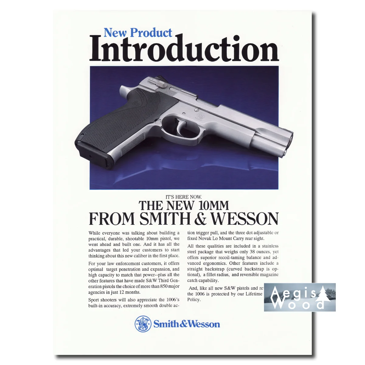 Affiche publicitaire (rreporuction) vintage pour le lancement du pistolet Smith & Wesson Model 1006