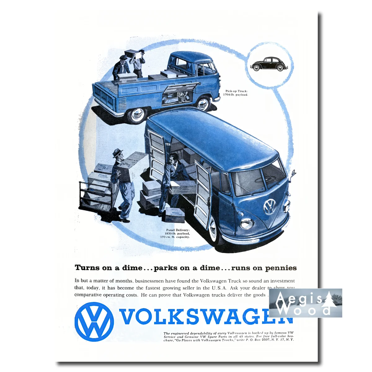 Affiche publicitaire vintage pour le Volkswagen Truck dans les années 1960