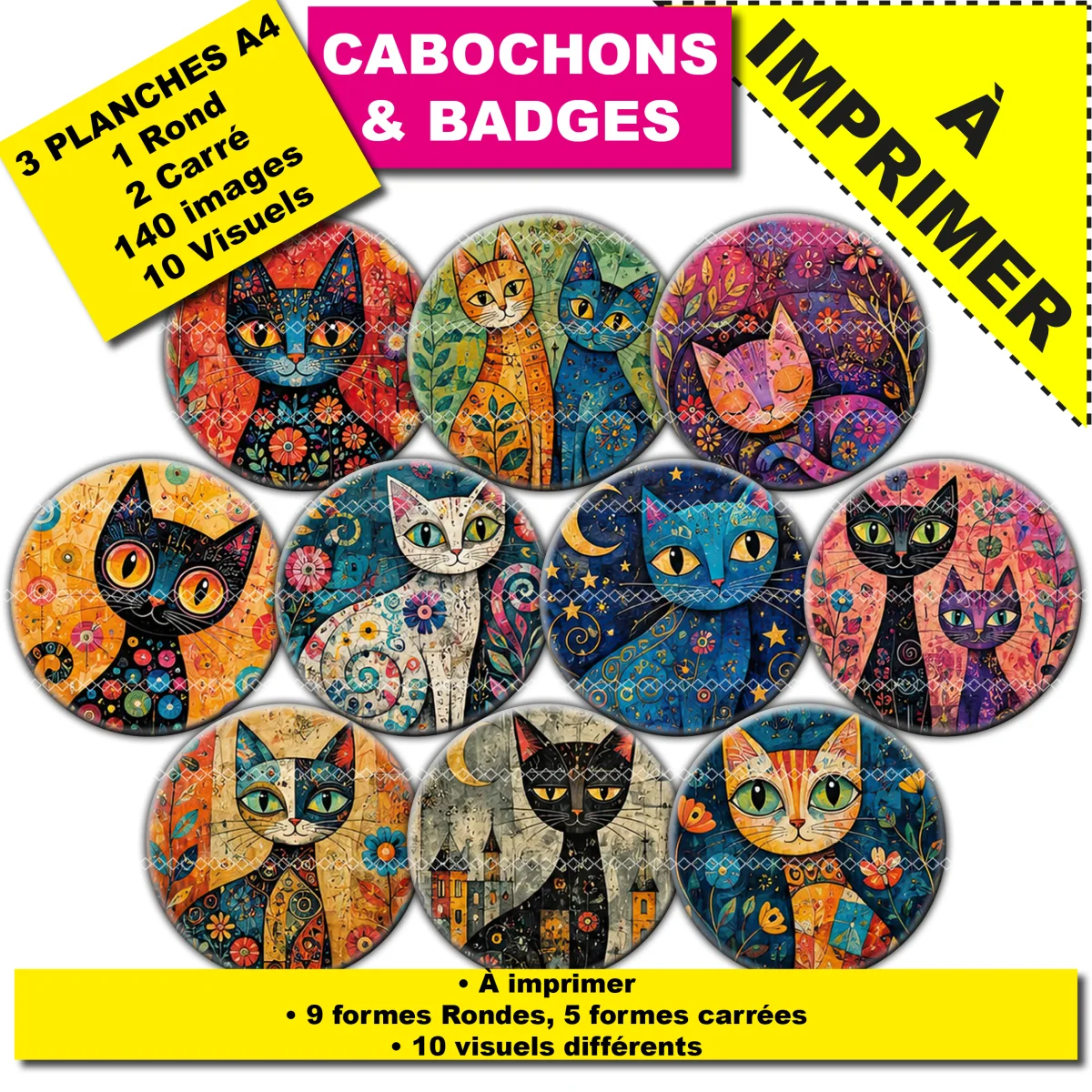 IMAGES POUR CABOCHONS & BADGES : Chats stylisés