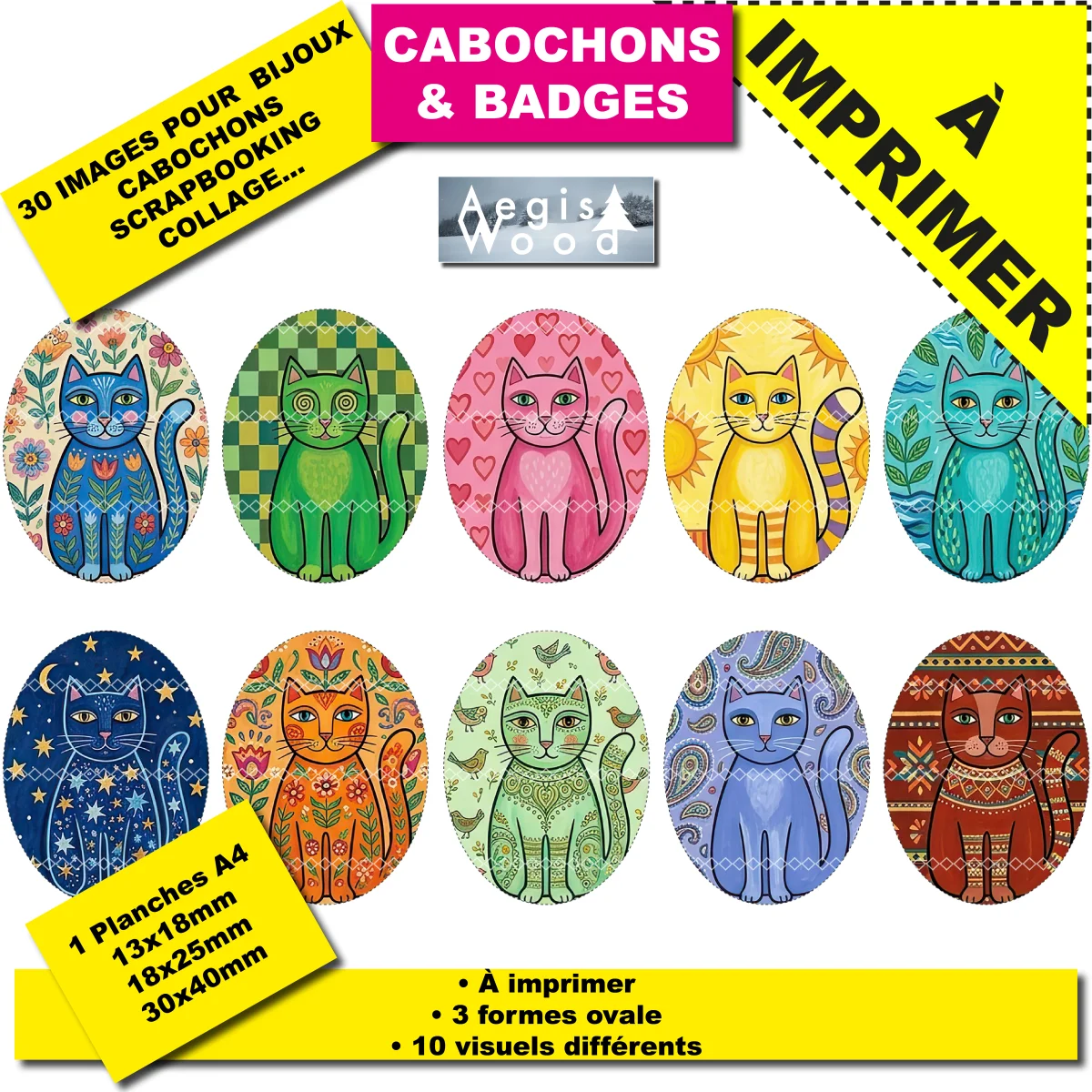 IMAGES POUR CABOCHONS & BADGES OVALES : Chats stylisés
