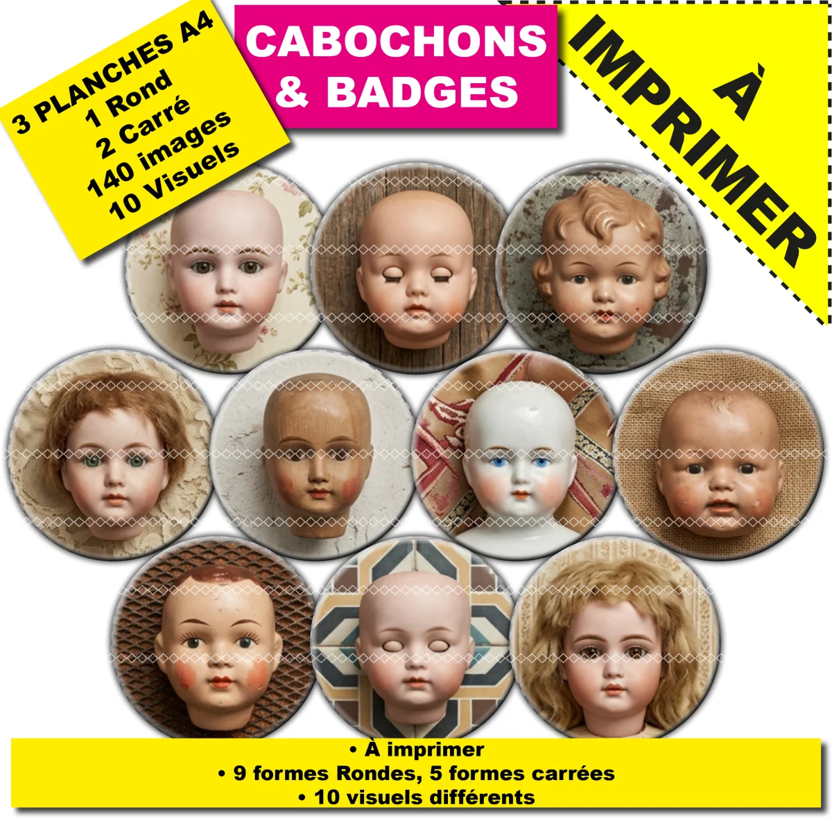IMAGES POUR CABOCHONS & BADGES : Tête de poupées vintage ancien — affiche numérique AegisWood
