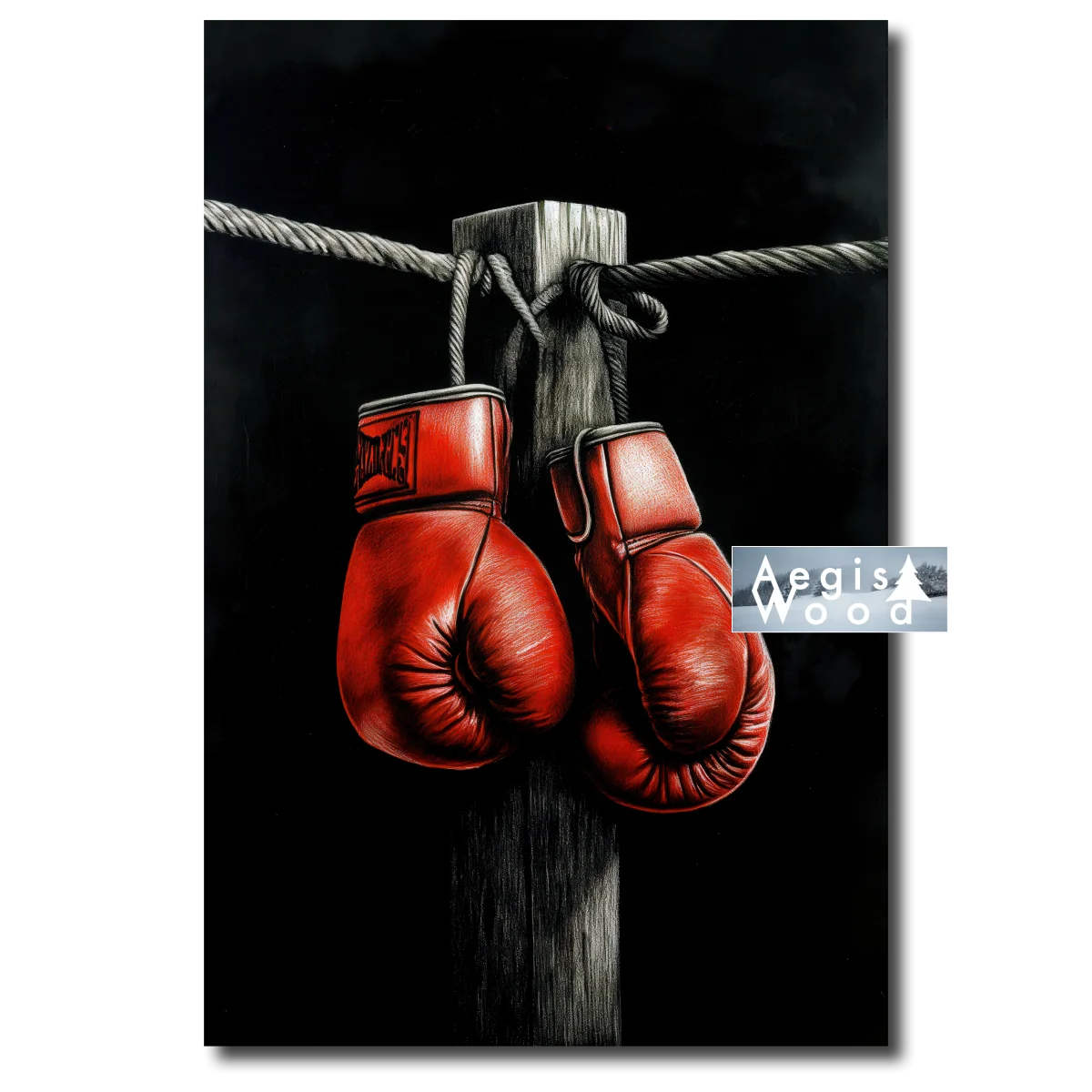 Affiche "Gants de Boxe Suspendus" sur Fond Noir — affiche murale en bois AegisWood