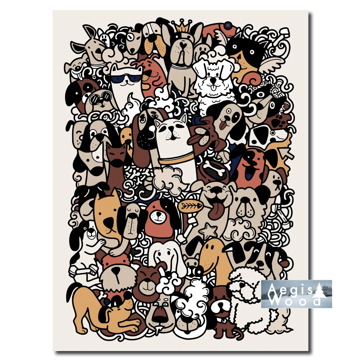 Affiche "Meute Doodle" Chiens et Chats en Foule Illustrée — affiche murale en bois AegisWood
