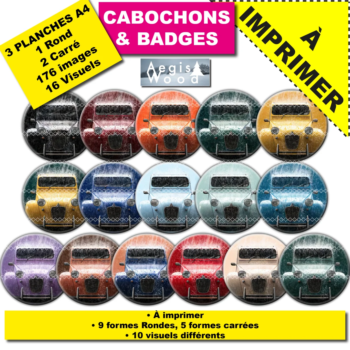 IMAGES POUR CABOCHONS & BADGES : voiture 2CV Citroën — affiche numérique AegisWood
