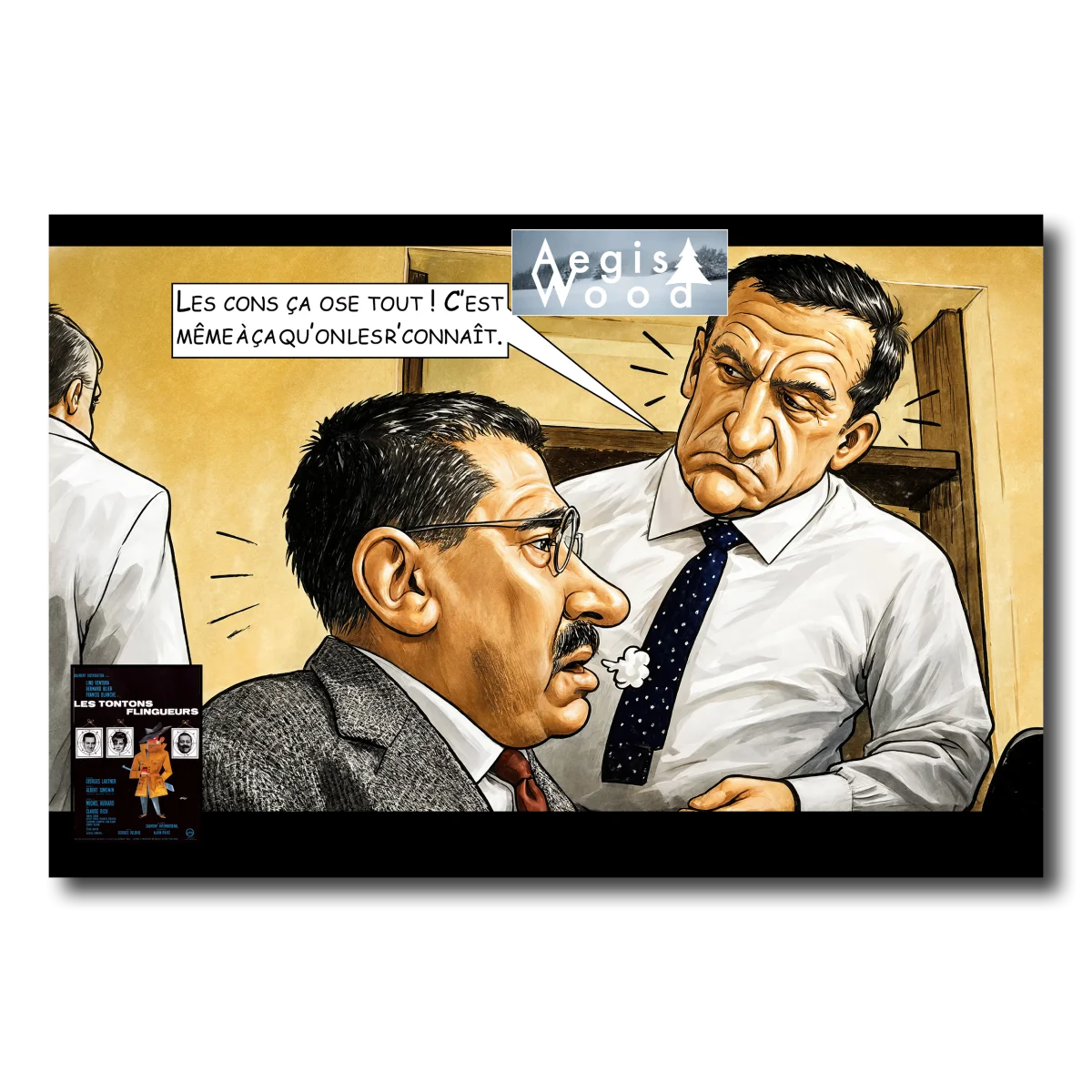 Affiche — caricature scène du film "Les Tontons flingueurs" 1963 - Illustration Parodique — affiche murale en bois AegisWood