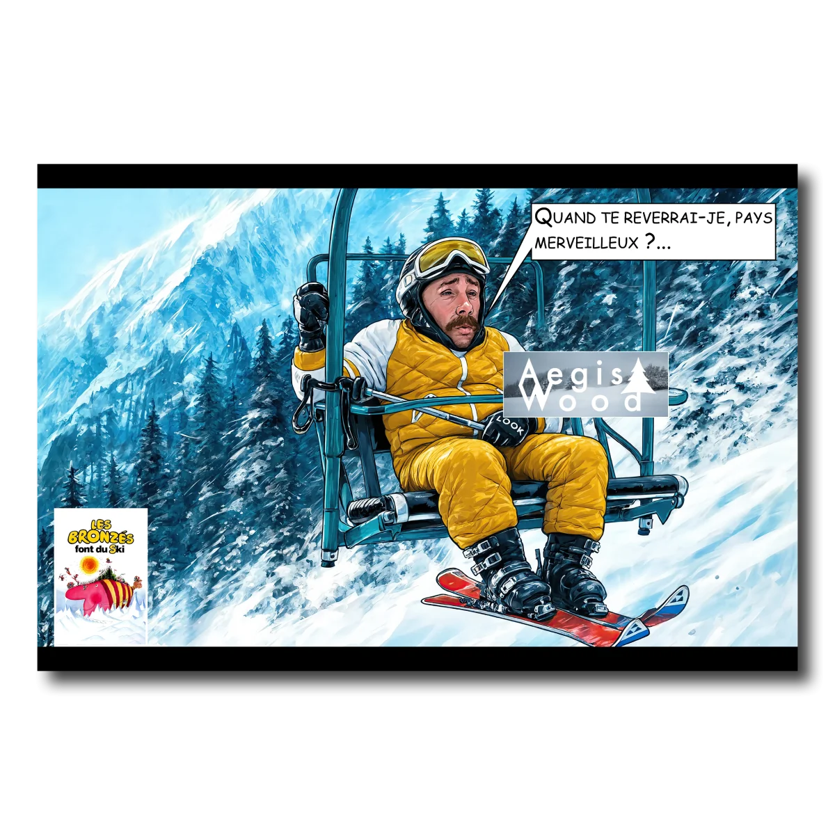 Affiche — caricature scène du film Les bronzés font du ski" 1979 - Illustration Parodique — affiche murale en bois AegisWood