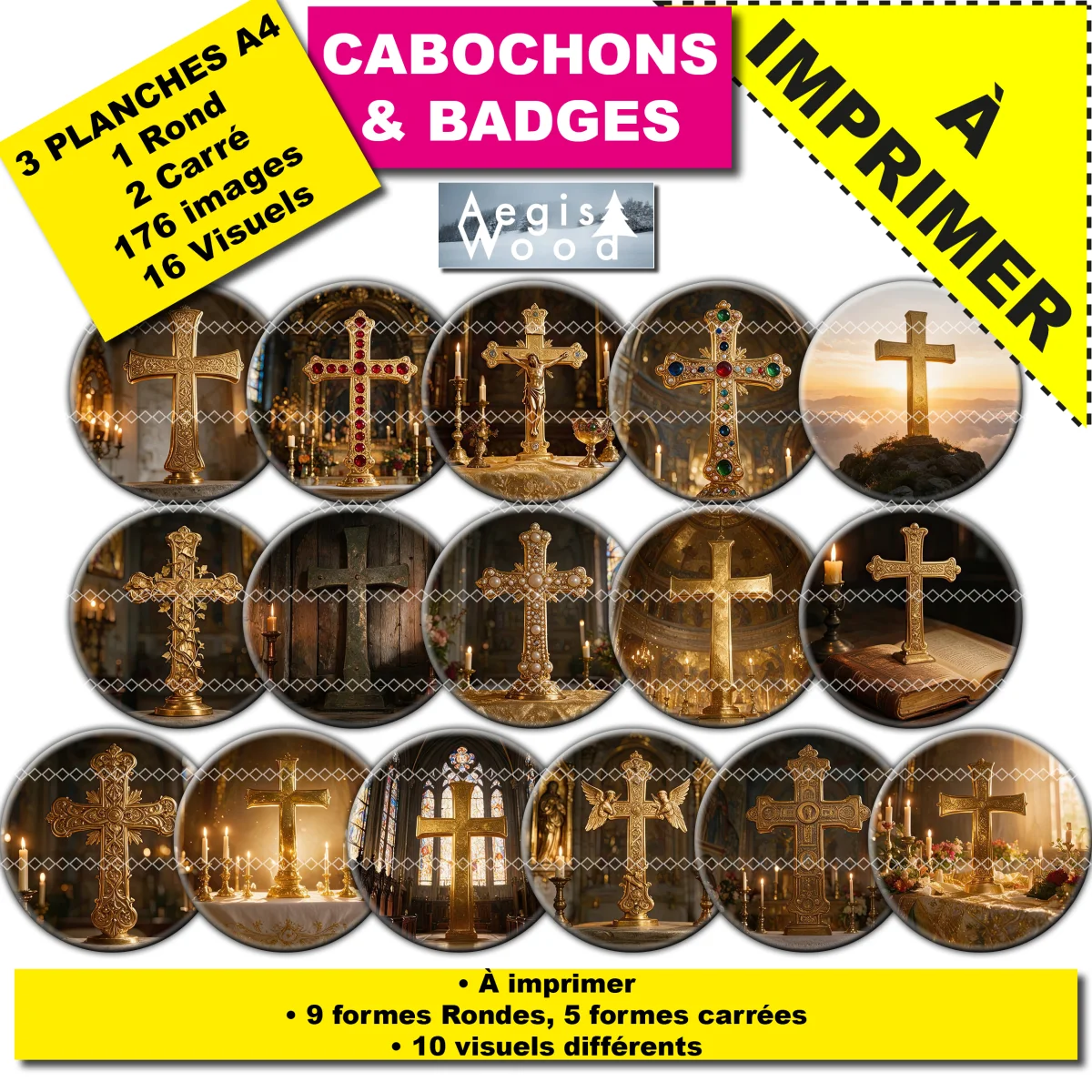 IMAGES POUR CABOCHONS & BADGES : Croix Chrétiennes dorées — affiche numérique AegisWood