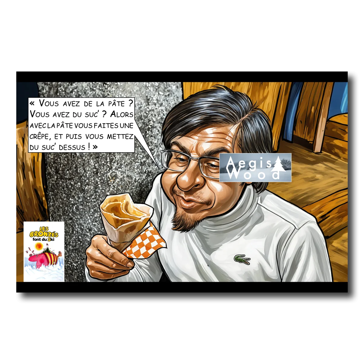 Affiche — caricature scène du film Les bronzés font du ski" 1979 - Illustration Parodique — affiche murale en bois AegisWood