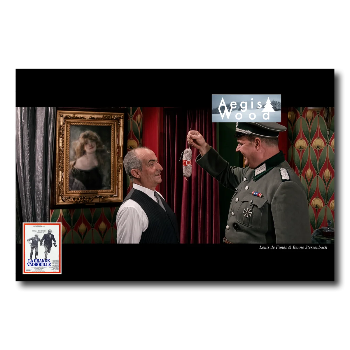 Affiche (reproduction ) d'une scène du film "La Grande Vadrouille" - de Funès & Benno Sterzenbach — affiche murale en bois AegisWood
