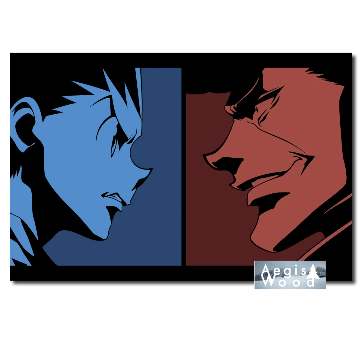 Affiche têtes de Manga Face à Face — Bleu & Rouge — affiche murale en bois AegisWood