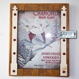 Tôle peinte sur cadre bois : PLM Chamonix Mont-Blanc Sports d'Hiver (reproduction)