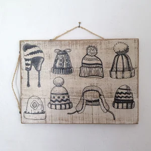 Tableau Bois Double face - Décoration Montagne Rustique - Bonnets d'hiver et illustration Mont-blanc