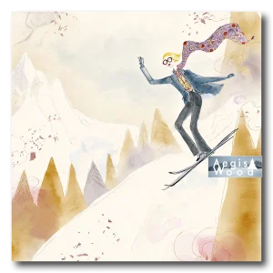 Affiche La Skieuse Élégante : Un Saut en Aquarelle