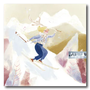 Affiche art aquarelle skieuse blonde montagne hivernale
