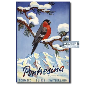 Affiche Pontresina Engadin - Affiche voyage vintage Suisse 1952 par Libis avec bouvreuil