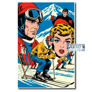Affiche Passion Hivernale : Skieurs Dynamiques et Visages Expressifs pop art