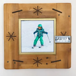 Cadre en bois (39,5x39,5cm) chaleureux pour photo 20x20cm, pyrogravure flocon de neige, ferraille