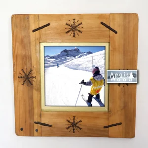 Cadre en bois (39,5x39,5cm) chaleureux pour photo 20x20cm, pyrogravure flocon de neige, ferraille