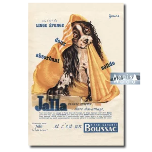 Affiche (reproduction) Jalla Linge Éponge - Chien et serviette jaune, Boussac, années 1950
