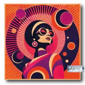 Affiche (reproduction) - Illustration rétro psychedelique femme lunettes rondes style années 60-70