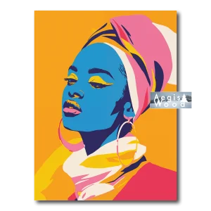 Affiche pop art colorée d'une femme au foulard