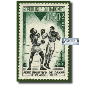 Affiche (reproduction) du timbre du Dahomey célébrant les Jeux Sportifs de Dakar de 1963