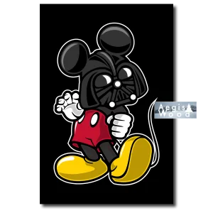 Affiche caricature d'un personnage de dessin animé avec un casque noir menaçant. Mickey Star Wars