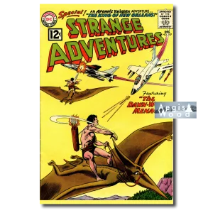 Affiche (reproduction) couverture BD rétro homme préhistorique sur ptérosaure face aux avions