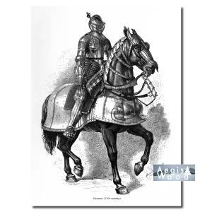Affiche (reproduction) — Chevalier allemand en armure sur cheval bardé, gravure, XVIIe siècle