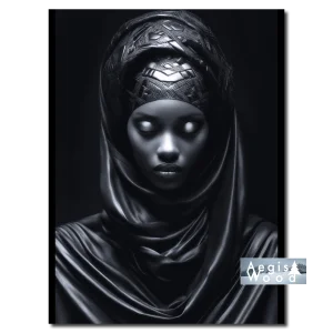 Portrait de femme au turban et voile drapé, photographie noir et blanc en clair-obscur