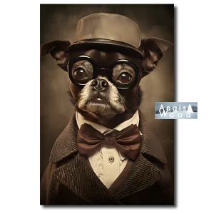 Affiche Chien en costume, chapeau, nœud papillon et lunettes rondes, portrait au style rétro sépia